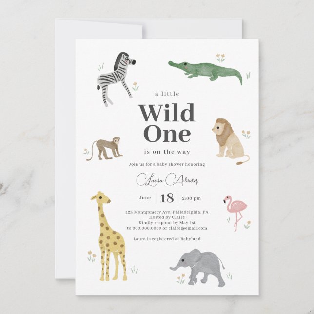 Invitation Wild One Safari Animaux Baby shower neutre genre (Devant)