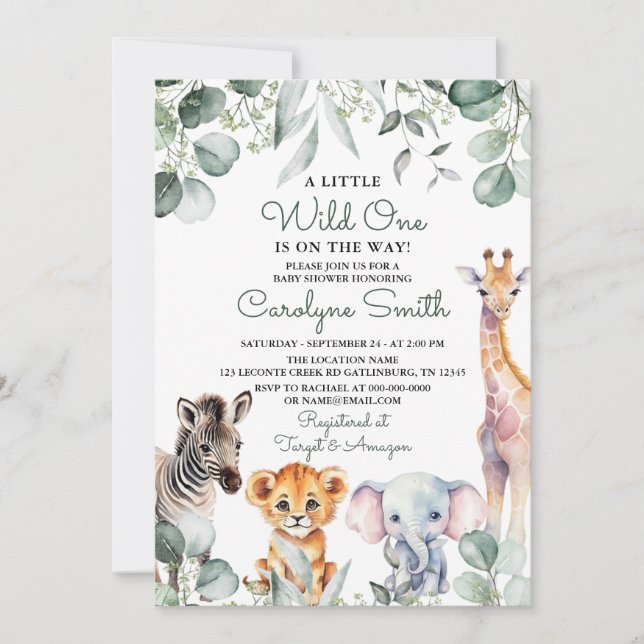 Invitation Wild One Safari Animaux Baby shower verdoyant (Devant)