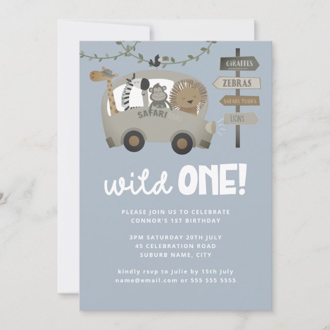 Invitation Wild One Safari Animaux Blue Boy 1er anniversaire (Devant)