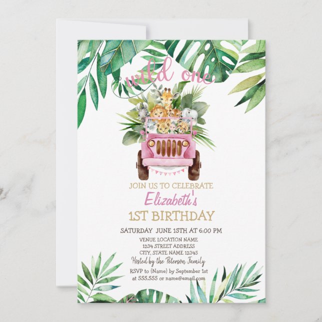 Invitation Wild One Safari Animaux Car, Feuille 1er anniversa (Devant)