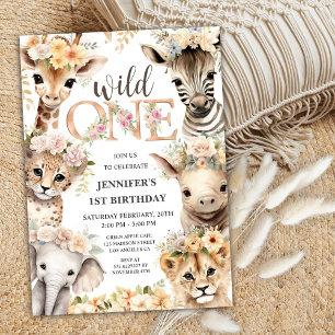 Invitation Wild One Safari Animaux Fille 1er anniversaire