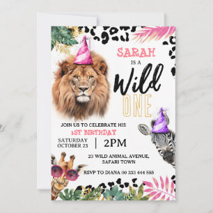 Invitation Wild One Safari Animaux Fille 1er anniversaire fêt