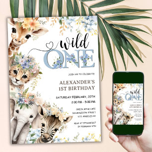 Invitation Wild One Safari Animaux Garçon 1er anniversaire