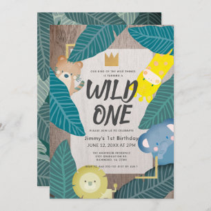 Invitation Wild One Safari Animaux Jungle Garçon 1er annivers