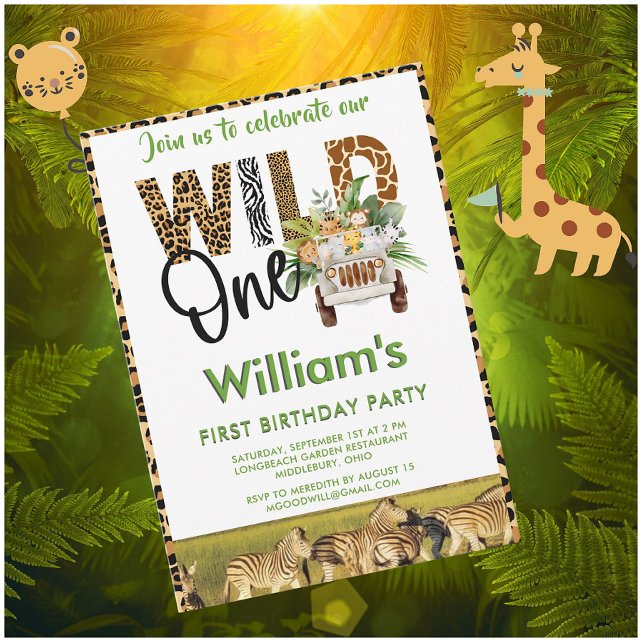Invitation Wild One Safari Animaux premier anniversaire garço (Créateur téléchargé)