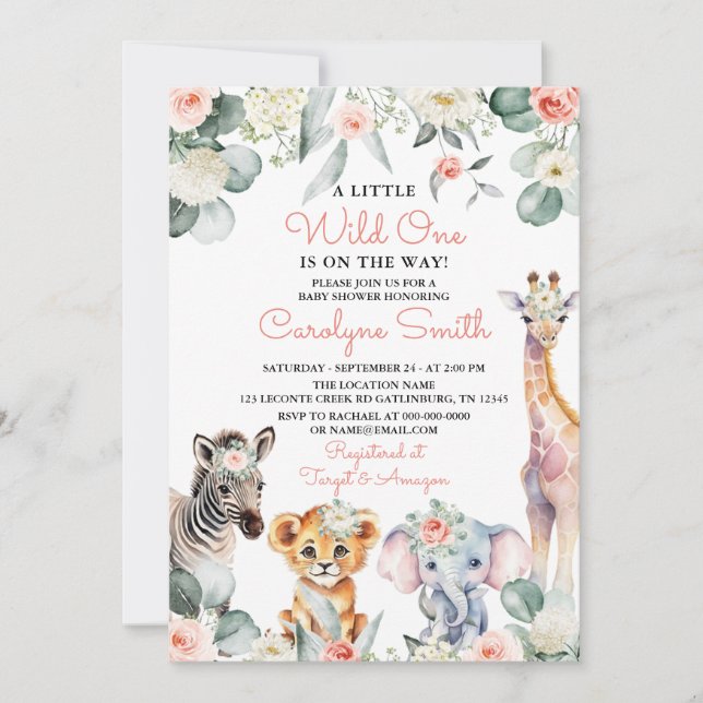 Invitation Wild One Safari Animaux Verdure Baby shower fille (Devant)
