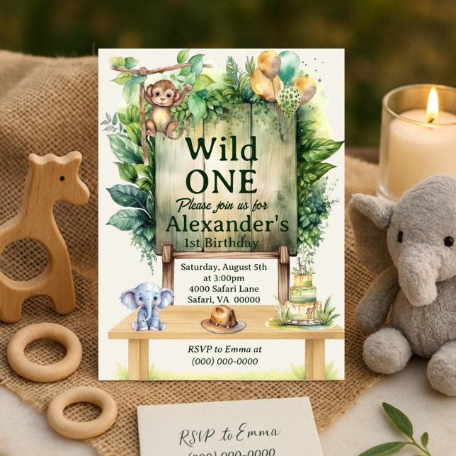 Invitation Wild ONE Safari Anniversaire Verdure Animaux de la (Créateur téléchargé)