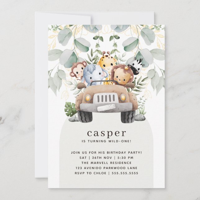 Invitation Wild One Safari Bébé Animaux 1er anniversaire (Devant)
