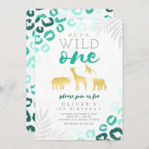 Invitation Wild One Safari Blue and Gold 1er anniversaire