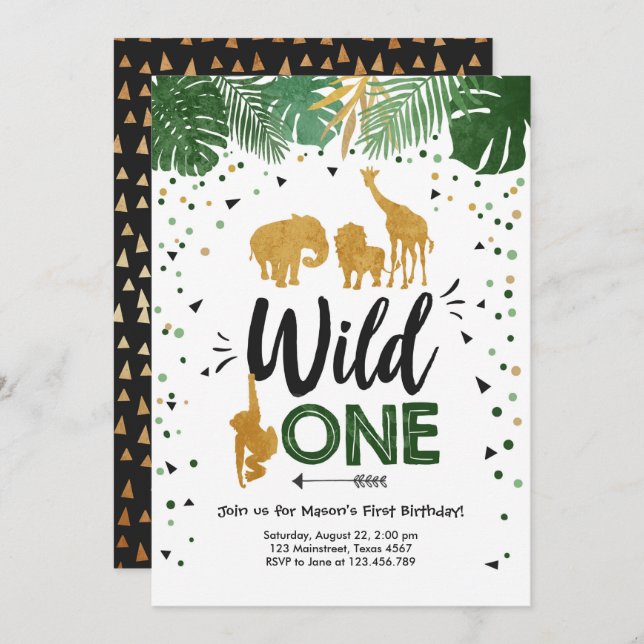 Invitation Wild One Safari Gold Boy Animaux fête d'anniversai (Devant / Derrière)