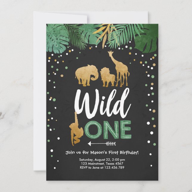 Invitation Wild One Safari Gold Boy Animaux fête d'anniversai (Devant)