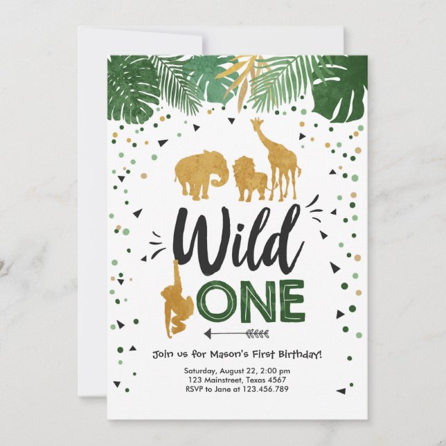 Invitation Wild One Safari Gold Boy Animaux fête d'anniversai (Devant)