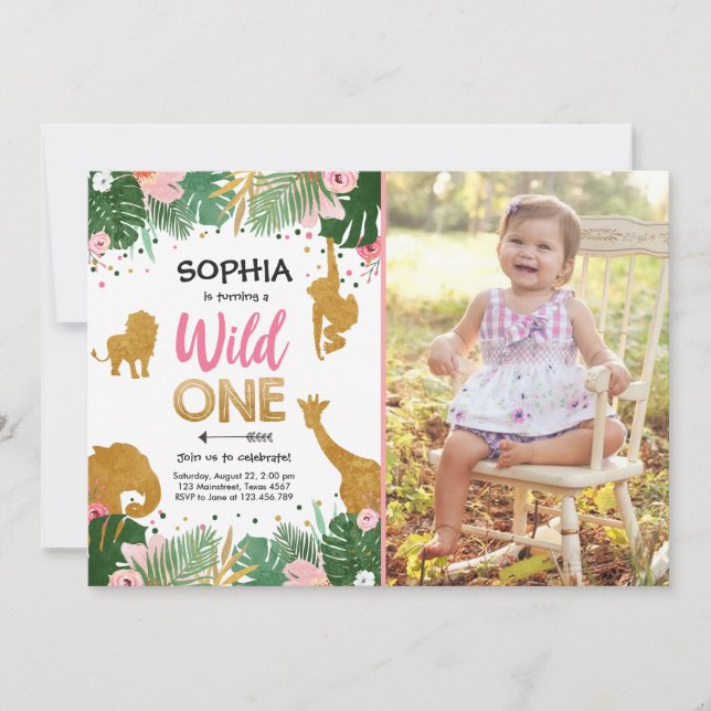 Invitation Wild One Safari Gold Girl Animaux roses Anniversai (Devant)