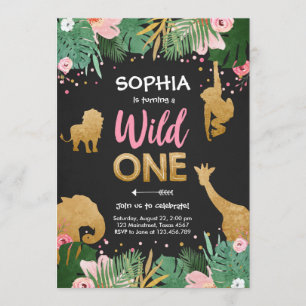 Invitation Wild One Safari Gold Girl Animaux roses Anniversai