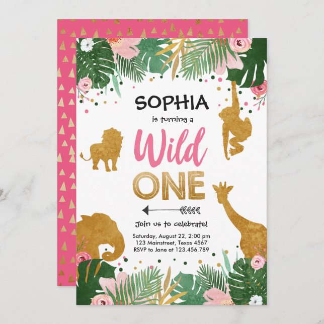 Invitation Wild One Safari Gold Girl Animaux roses Anniversai (Devant / Derrière)