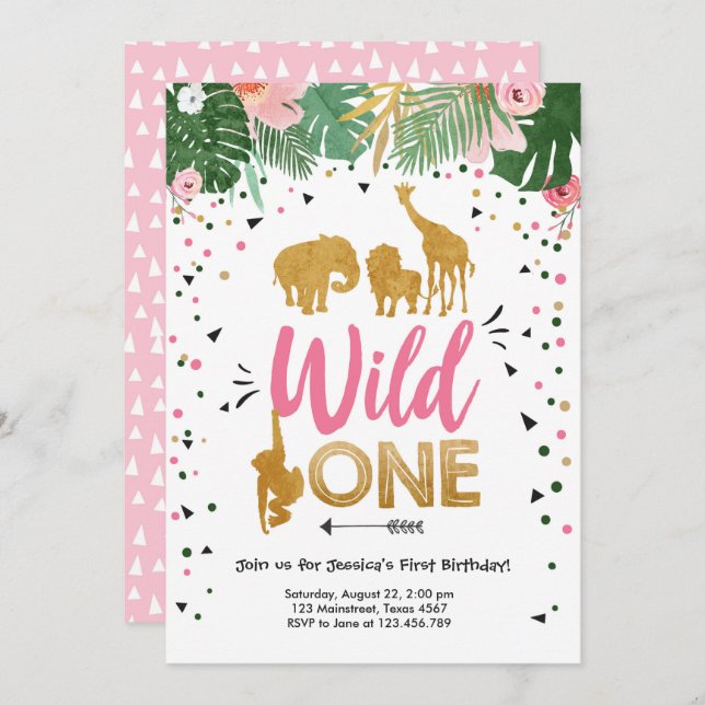 Invitation Wild One Safari Gold Girl Animaux roses Anniversai (Devant / Derrière)
