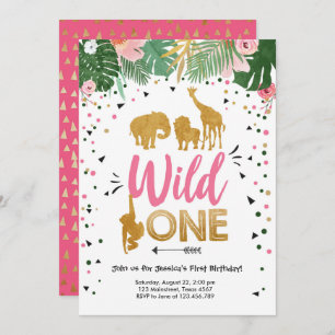 Invitation Wild One Safari Gold Girl Pink Animals Anniversair