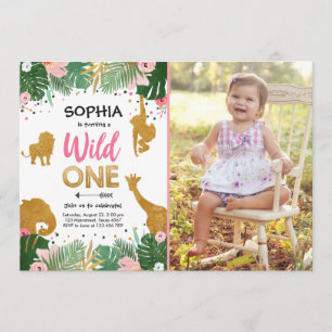 Invitation Wild One Safari Gold Girl Pink Animals Anniversair