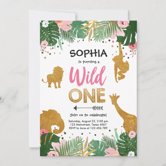 Invitation Wild One Safari Gold Girl Pink Animals Anniversair (Devant)