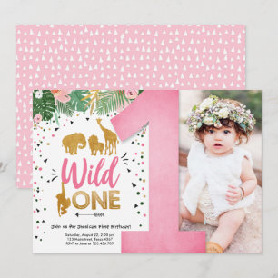 Invitation Wild One Safari Gold Girl Pink Animals Anniversair