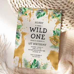 Invitation Wild One Safari Green Gold Ecru 1er anniversaire