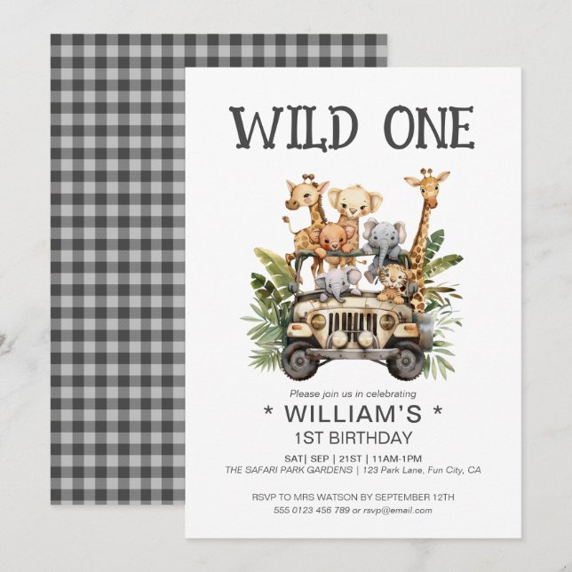 Invitation Wild One Safari Jungle 1er premier anniversaire (Devant / Derrière)