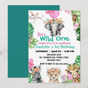 Invitation Wild One Safari jungle 1st Animaux Filles d'annive