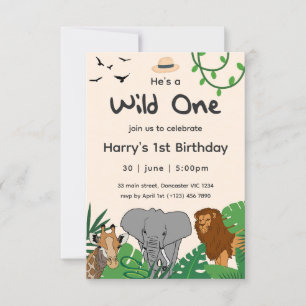 Invitation Wild One Safari Jungle Animaux 1er bébé Anniversai
