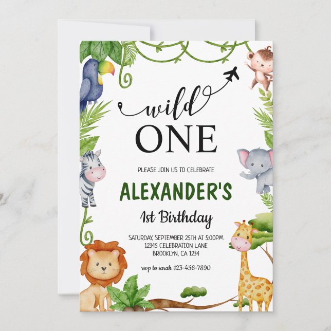 Invitation Wild One Safari Jungle Animaux Aquarelle Anniversa (Devant)