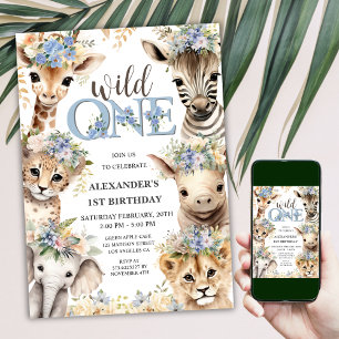 Invitation Wild One Safari Jungle Animaux Garçon 1er annivers