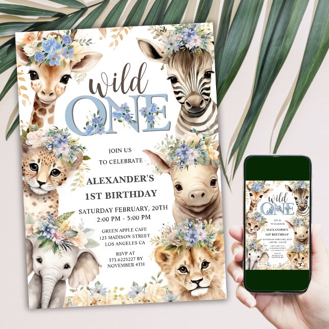 Invitation Wild One Safari Jungle Animaux Garçon 1er annivers (Créateur téléchargé)