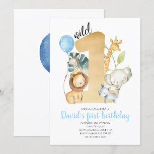 Invitation Wild One Safari Jungle Animaux Gold Green Cute