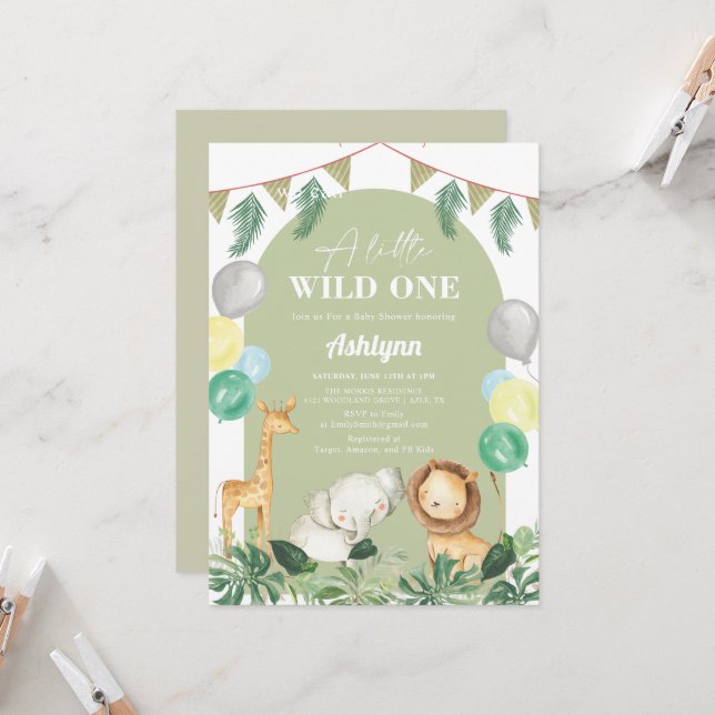 Invitation Wild One Safari Jungle Baby shower Garçon (Devant/Arrière en situation)