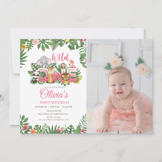 Invitation Wild One Safari Jungle premier anniversaire bébé f (Devant)