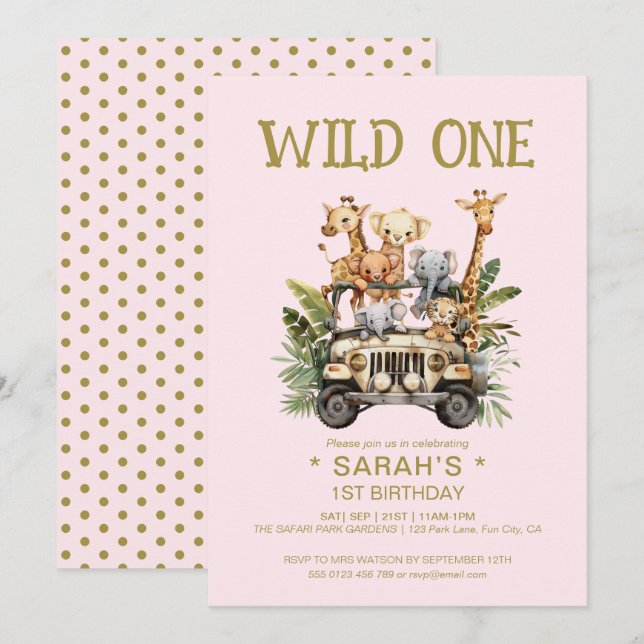 Invitation Wild One Safari Jungle rose 1er premier anniversai (Devant / Derrière)