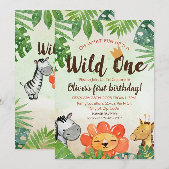 Invitation Wild One, Safari premier anniversaire (Devant / Derrière)