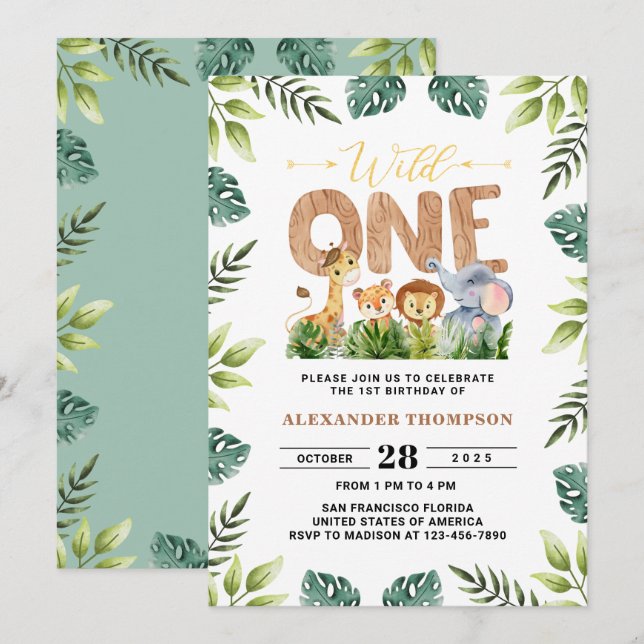 Invitation Wild One Safari verdure Jungle 1er anniversaire fê (Devant / Derrière)