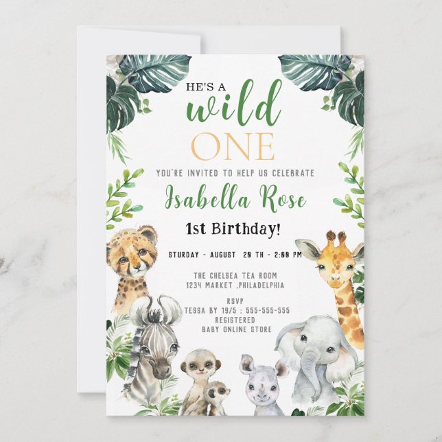 Invitation Wild One Safari vert feuilles Anniversaire Invitat (Devant)