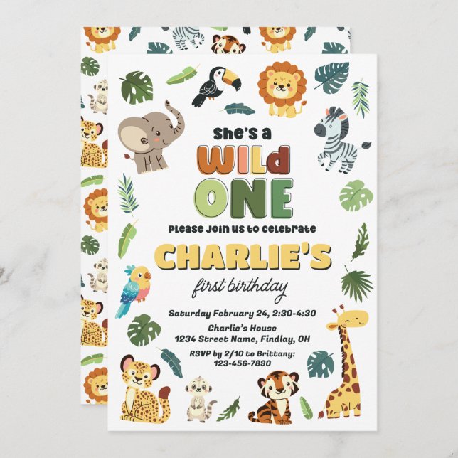 Invitation Wild One Safari Zoo Animale fête d'anniversaire, F (Devant / Derrière)