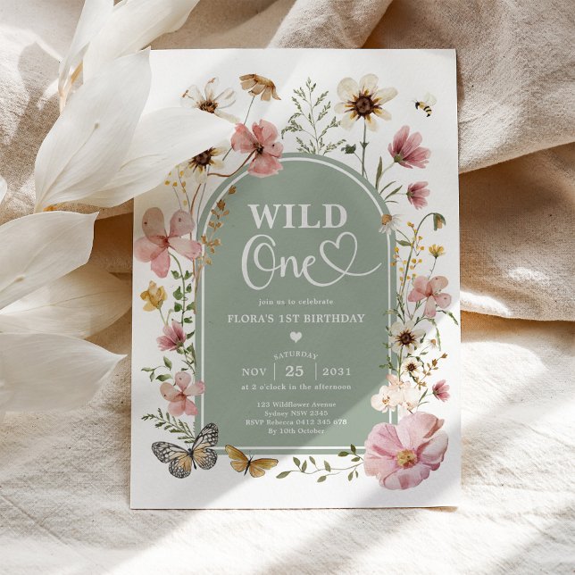 Invitation Wild One: Sage Green Wildflower First Birthday (Créateur téléchargé)