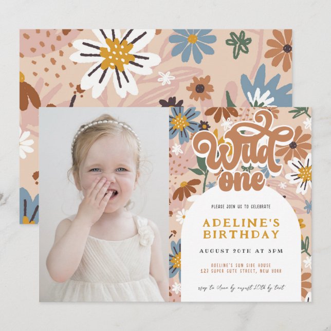 Invitation Wild One Super Boho Floral 1er Anniversaire Photo (Devant / Derrière)