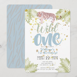 Invitation Wild One Tiger Blue Boy 1er anniversaire Invitatio