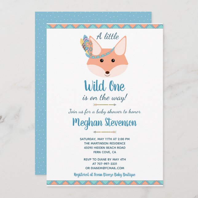 Invitation Wild One Tribal Boho Aztec Blue Boy Baby shower (Devant / Derrière)
