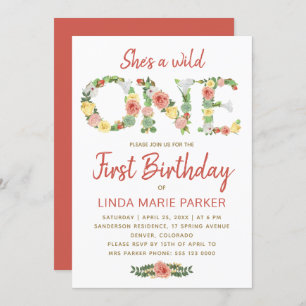 Invitation Wild ONE typographie florale fille 1er anniversair