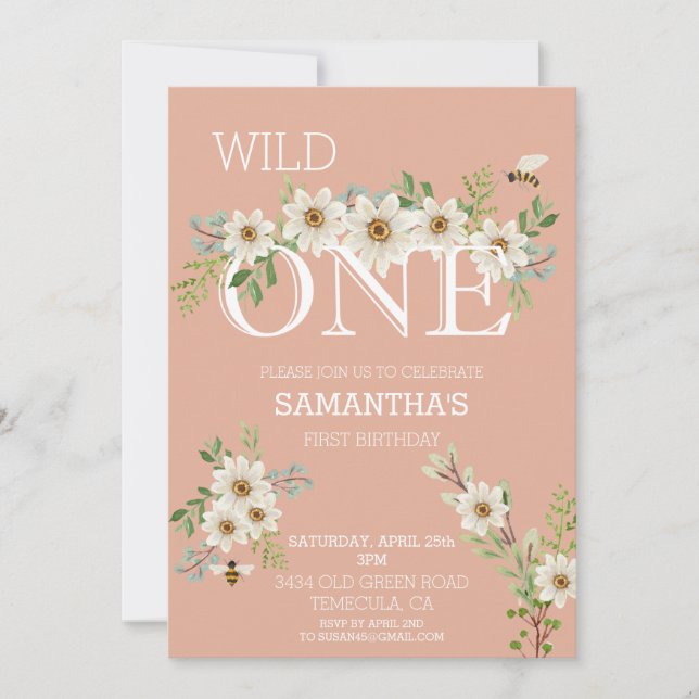 Invitation Wild One Watercolor Daisy Premier anniversaire Inv (Devant)