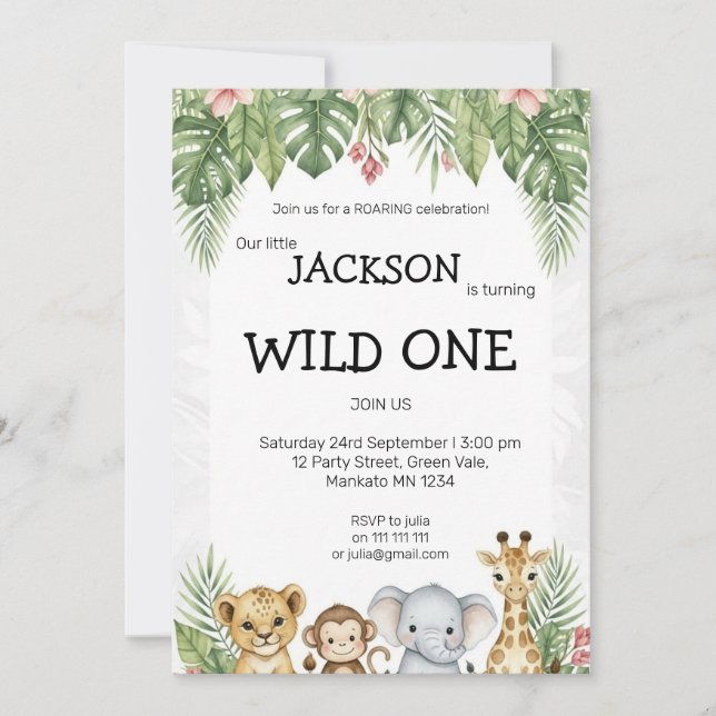 Invitation Wild One Watercolor Safari 1st Birthday Invite (Devant)