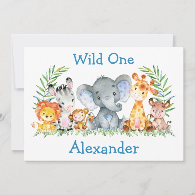 Invitation Wild One Watercolor Safari Animaux 1er anniversair (Devant)