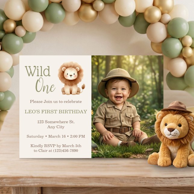 Invitation Wild One Watercolor Safari Lion 1st Birthday Photo (Wild One Watercolor Safari Lion 1st Birthday Photo Invitation)