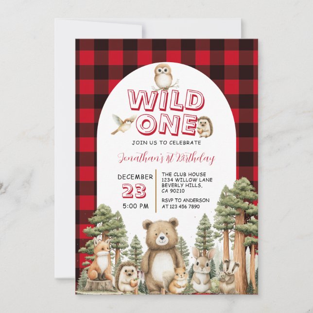 Invitation Wild One Woodland Animal 1st Birthday Party Plaid (Devant)