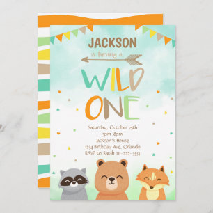 Invitation Wild One Woodland Animaux 1er anniversaire Invitat